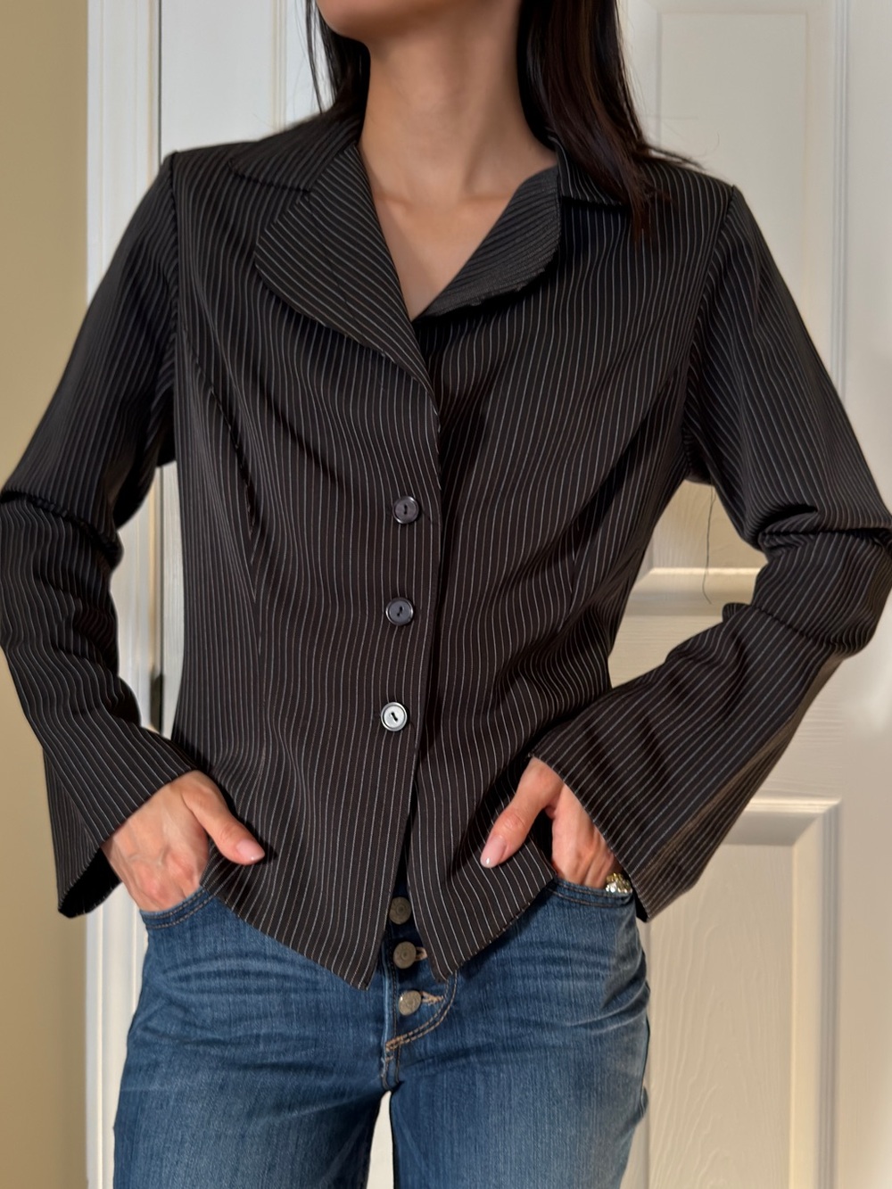 Wrapper Black Pinstripe Button-Front Shirt Jacket